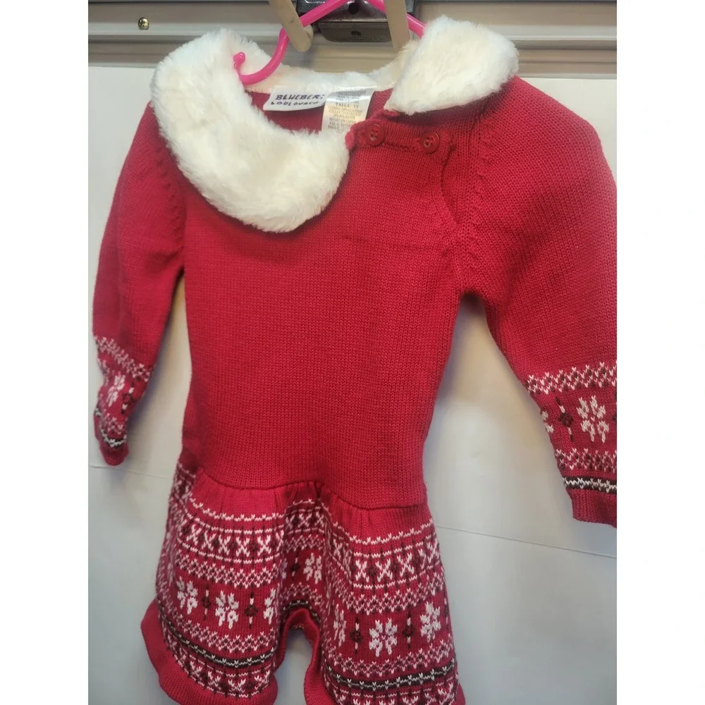 Blueberi Boulevard‎ Girls Red Knit Christmas Dress Faux Fur Collar 3T Toddler